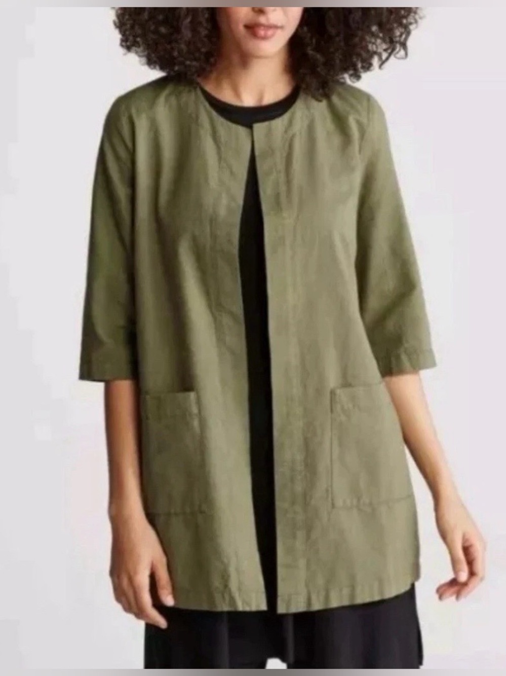 Eileen Fisher Jacket XS Green Organic Cotton Open Front Lightweight Oversized